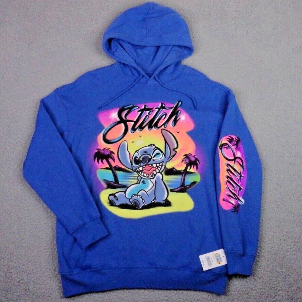 Disney Stitch Hoodie Mens Medium Blue Graphic Pullover Sweatshirt NWT Lilo Alien